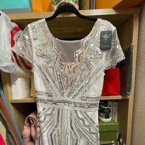 White and silver sequin dress
